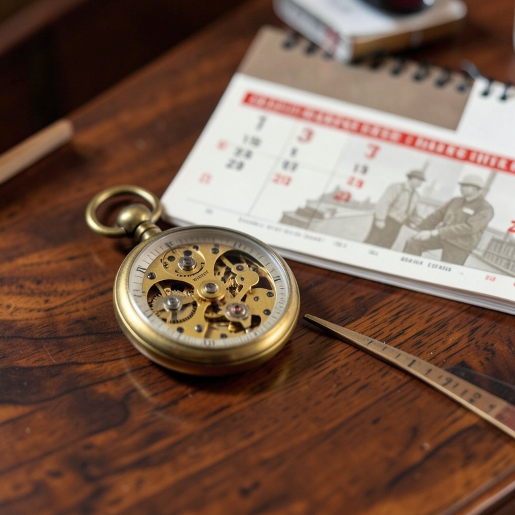 Calendario laboral con fechas señaladas y reloj de bolsillo de latón sobre convenio impreso