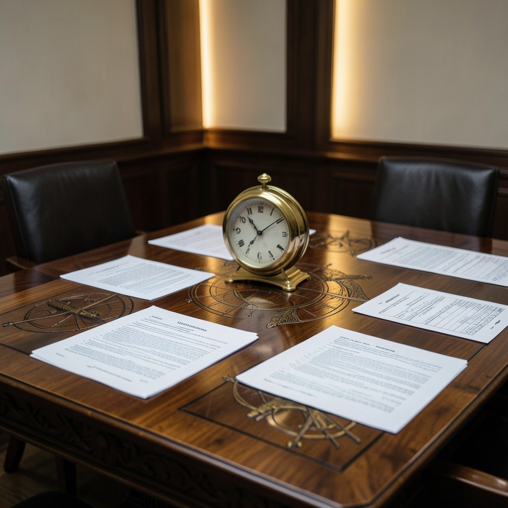 Mesa de negociación laboral con documentos de convenio colectivo y reloj de precisión sobre escritorio de nogal