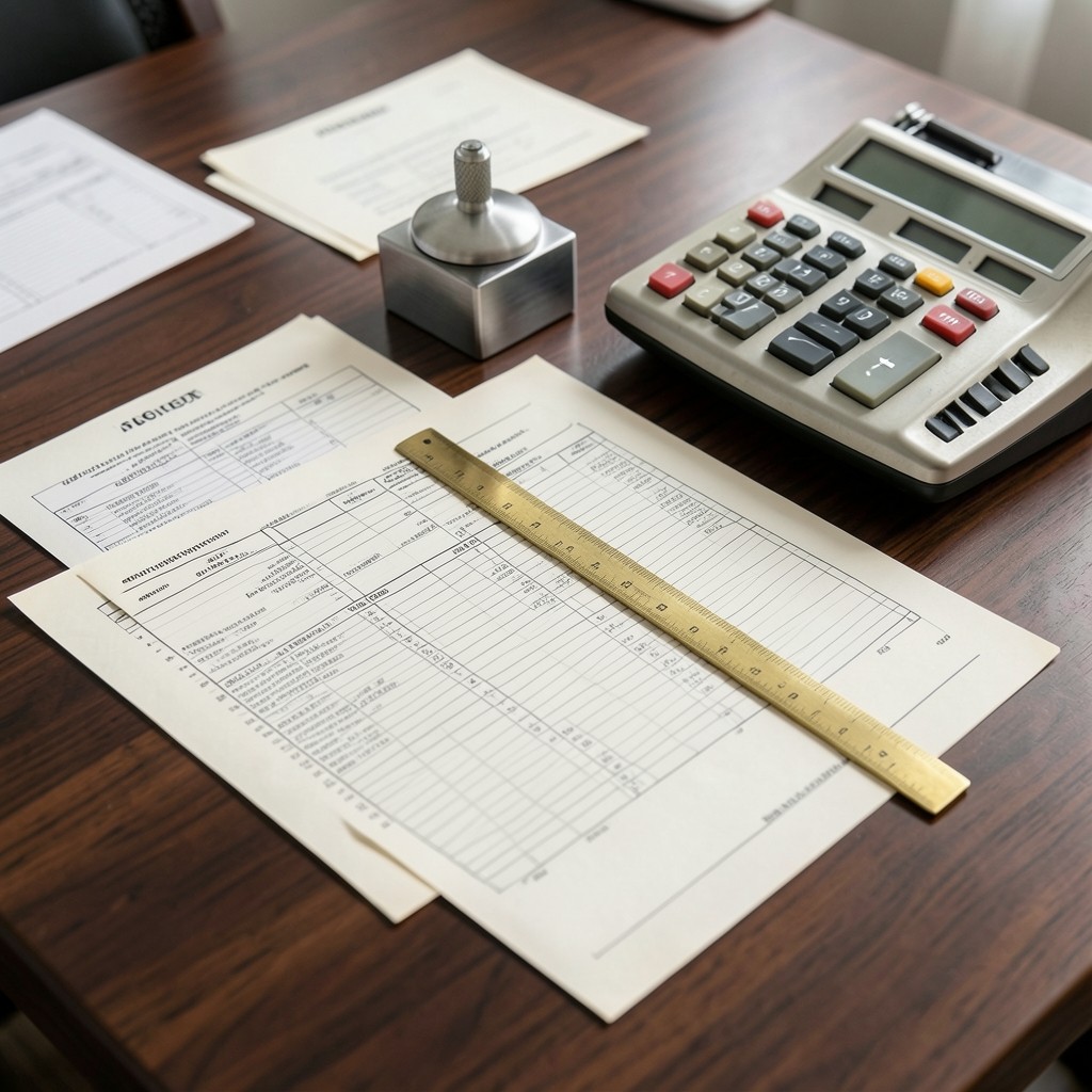 Revisión de nóminas y tablas salariales del convenio con calculadora y regla de latón