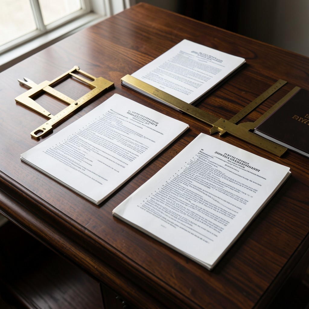 Documentos de negociación colectiva sobre mesa de madera con instrumentos de medición de latón
